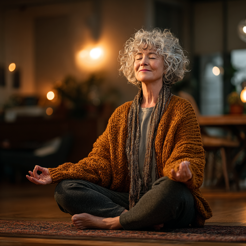 Жінка 55 років у зручному одязі виконує м'яку асану йоги на килимку, посміхається та виглядає спокійно та задоволено