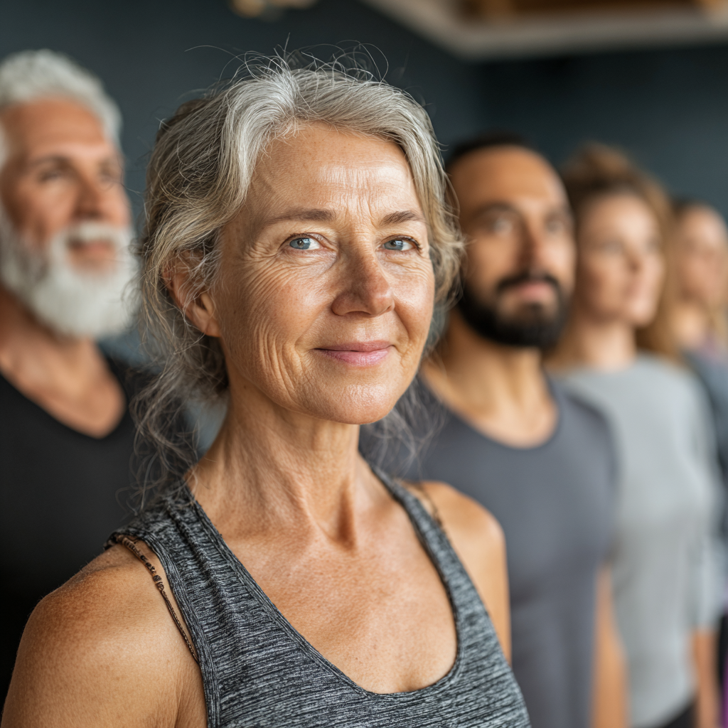 Група людей різного віку, включаючи жінку близько 58 років, стоять в позі гірки на йога-килимках у світлій студії, атмосфера спокійна та гармонійна